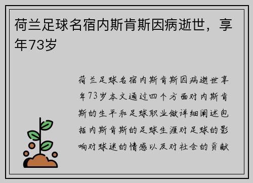 荷兰足球名宿内斯肯斯因病逝世，享年73岁